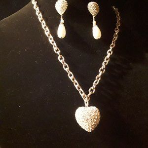 Rhinestone Heart Necklace with coordinating earrings in rhinestone and pearl